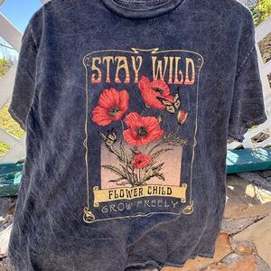 Stay Wild Flower Child Graphic Tee - Black with Red Floral Print